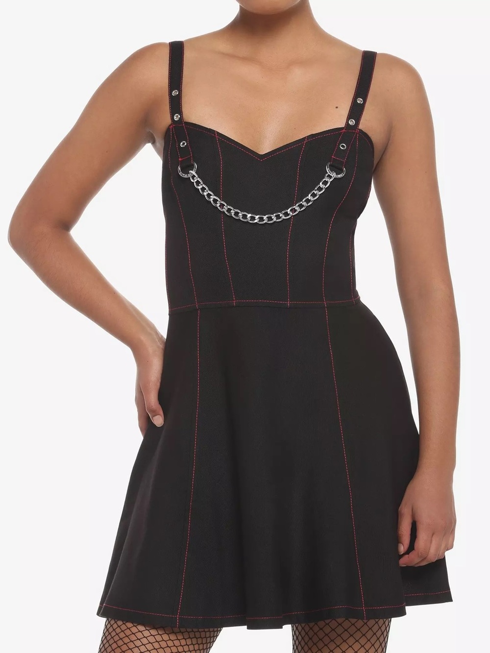 Royal Bones Black Mini Dress with Red Topstitching and Chain